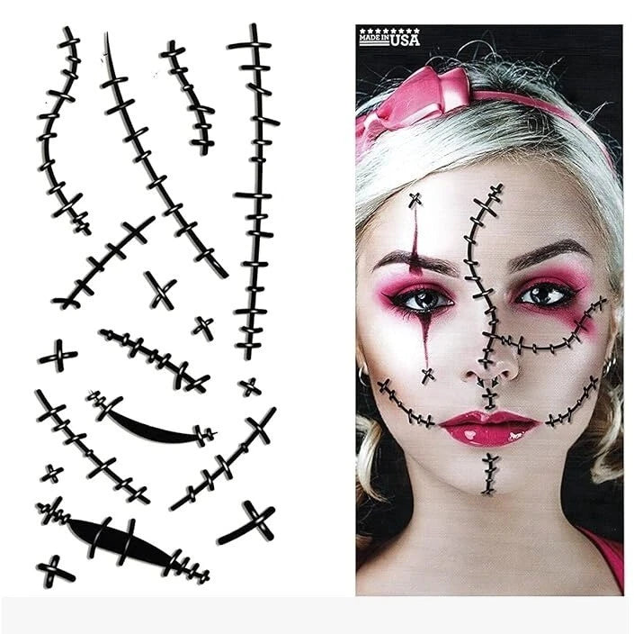 Realistic Spooky Creepy Stitches Costume Tattoos (34 pieces)