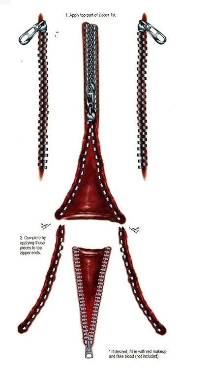 Realistic Spooky Creepy Zipper Costume Tattoos (12 pieces)