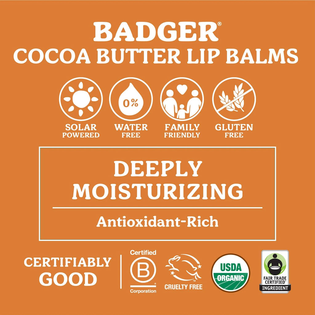1 Badger Cool Mint Cocoa Butter Lip Balm, Long Lasting 0.25 Ounce