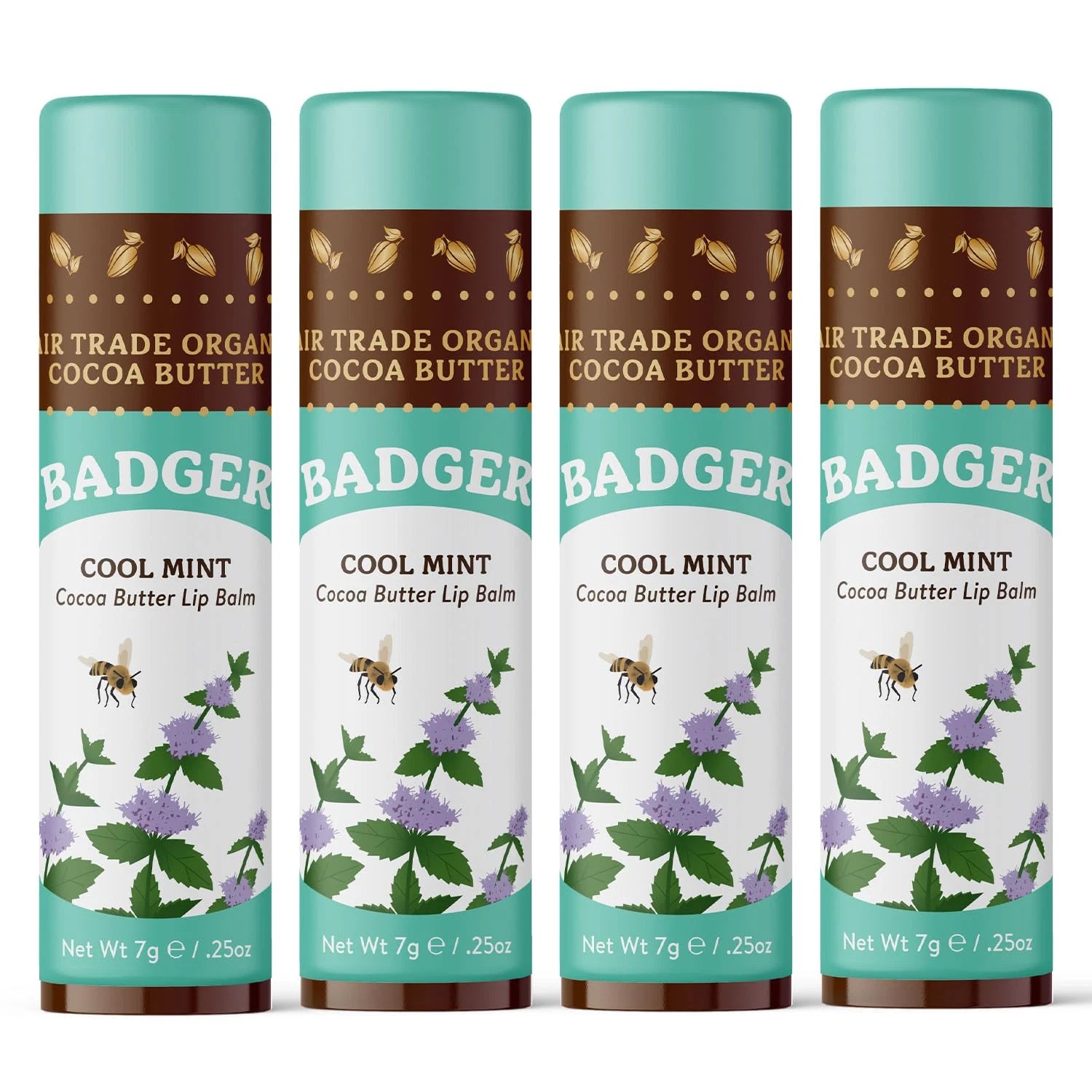1 Badger Cool Mint Cocoa Butter Lip Balm, Long Lasting 0.25 Ounce